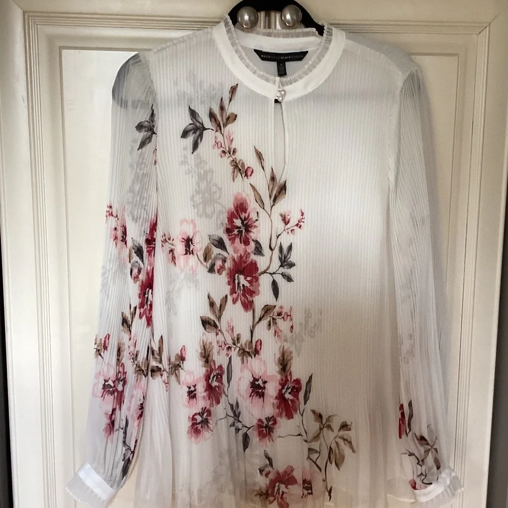 WHBM Womens White Floral Print Pleated Blouse Sz8 NWT - Picture 10 of 10